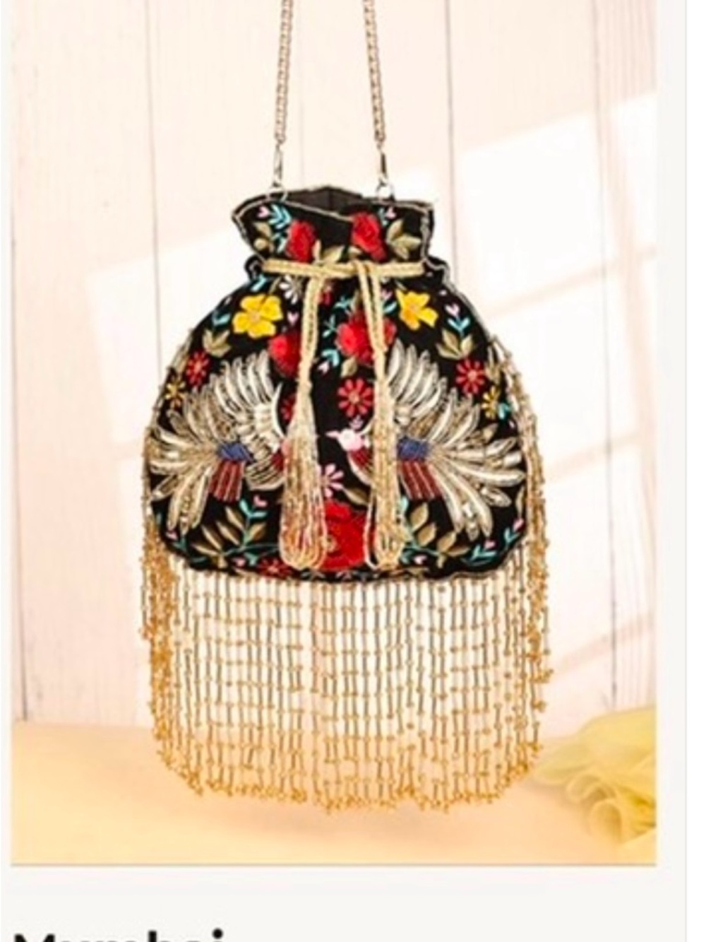 NWOT Ramla Mumbai Bag-Embroidered Black Drawstring Evening Bag with Gold Fringe